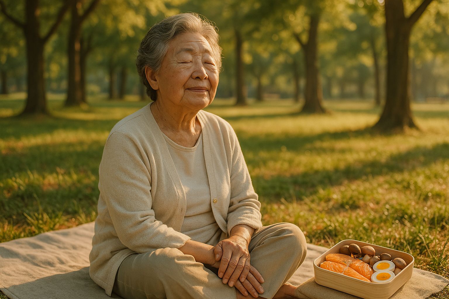 공원에서 아침 햇살을 즐기는 한국 노인과 주변에 있는 비타민D가 풍부한 음식들. 연어, 고등어 같은 지방이 많은 생선, 달걀 노른자, 버섯 등이 작은 도시락에 담겨 있다.