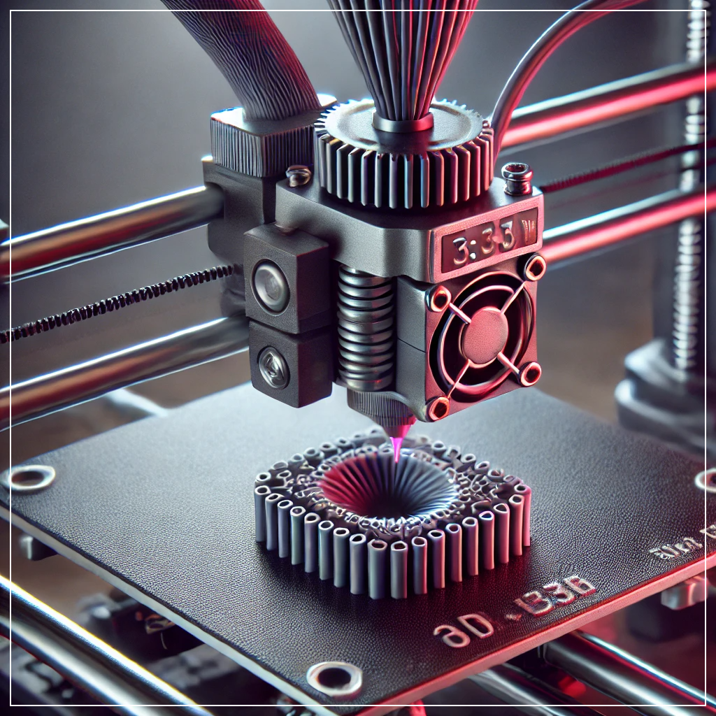 3D 프린터 노즐이 빌드 플랫폼 위에 필라멘트를 정밀하게 적층하는 모습