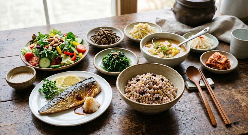 혈당 스파이크를 막아주는 단백질 채소 위주의 건강한 잡곡밥 식단 구성