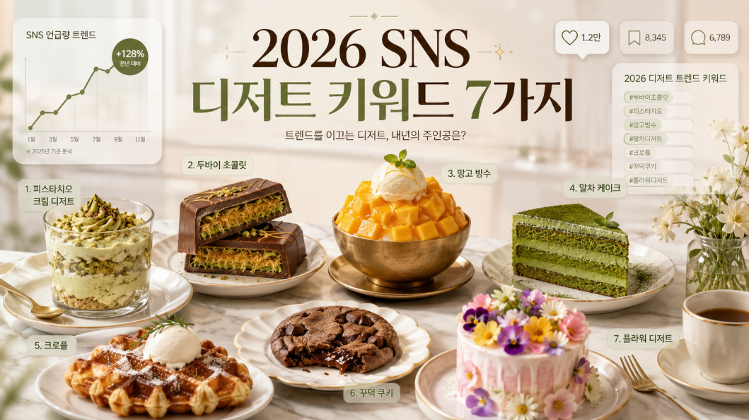 2026 SNS 디저트 키워드인 피스타치오, 두바이초콜릿, 망고빙수, 말차 디저트를 보여주는 썸네일 이미지