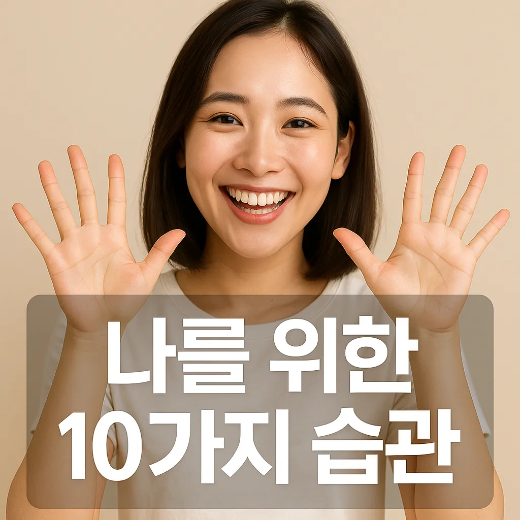 밝은 표정의 여성, 손가락 열 개로 10가지 건강 습관을 표현하는 명확한 제스처