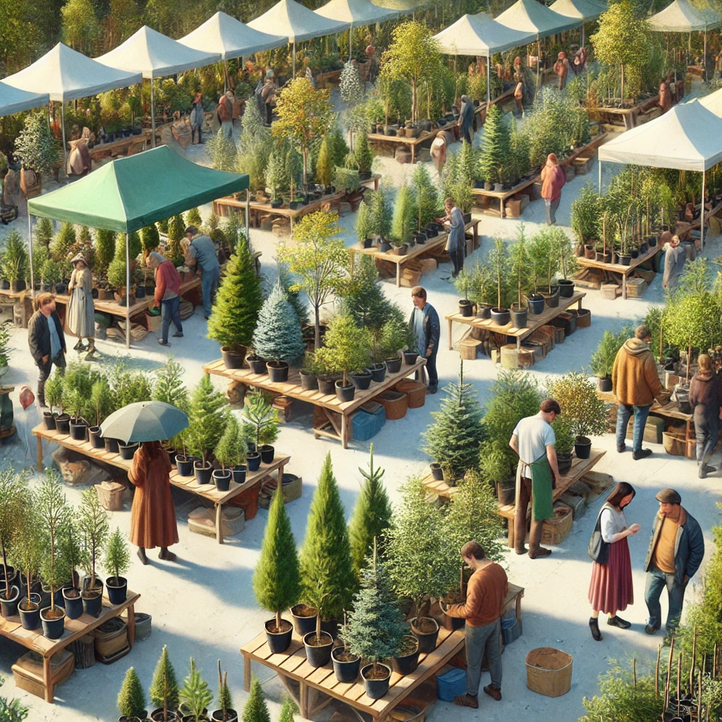 많은 사람들이 나무시장에서 묘목을 구입하기 위해 분주하다.