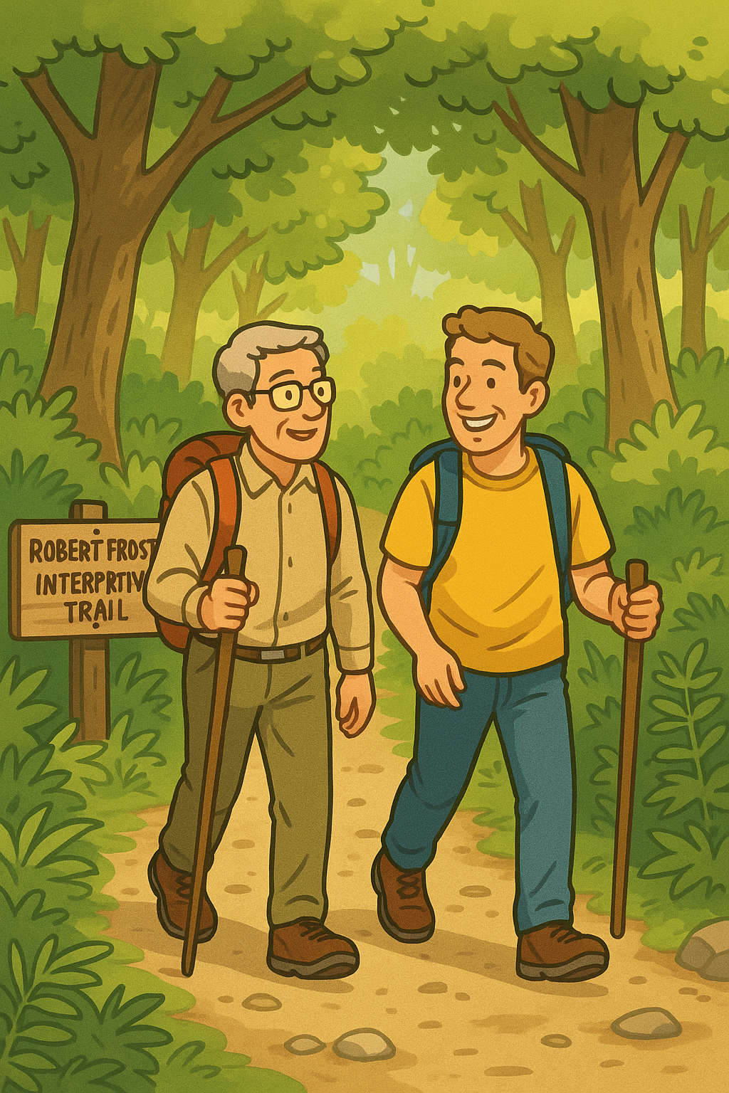 버트 프로스트 트레일을 걷는 중년 남자 둘