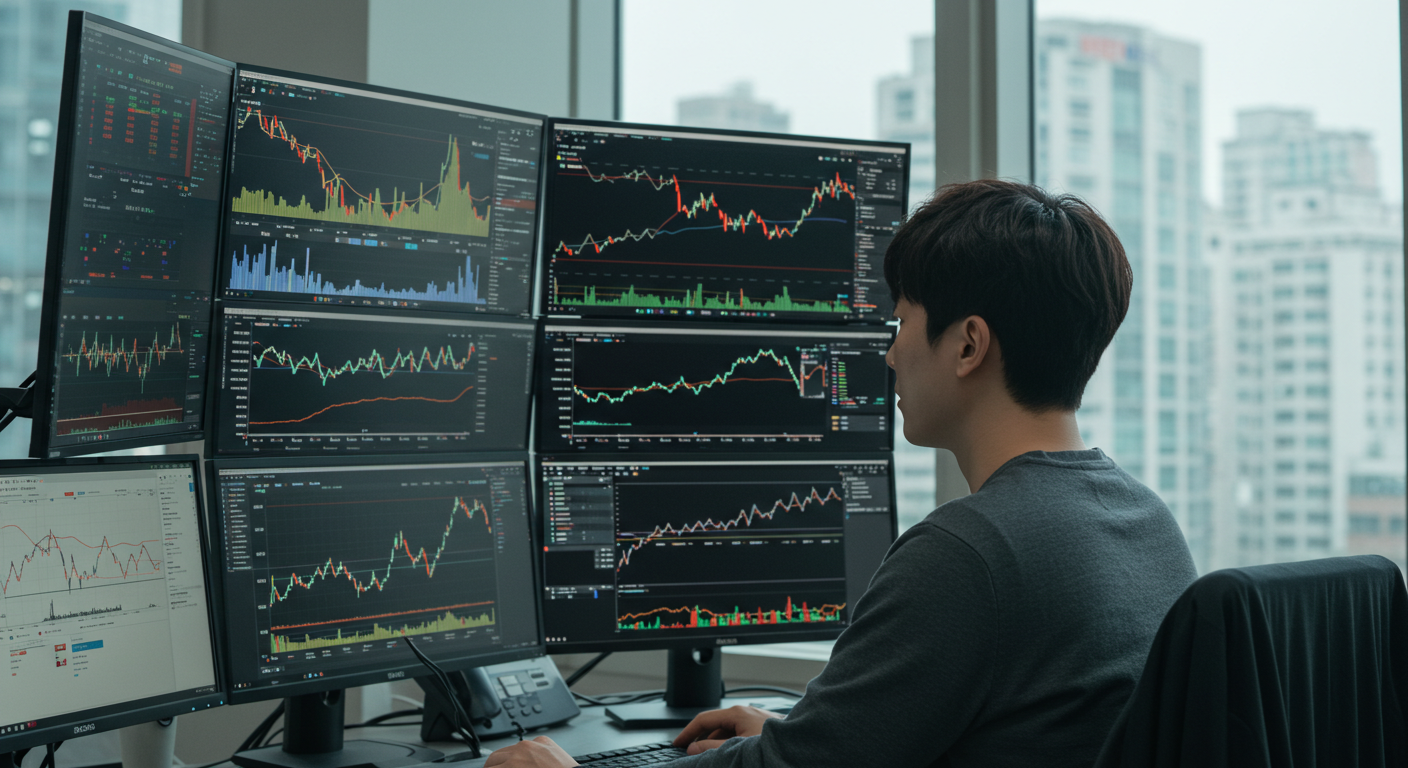 상승 추세 종목과 기술적 지표를 분석하는 한국 주식 투자자의 데스크 환경