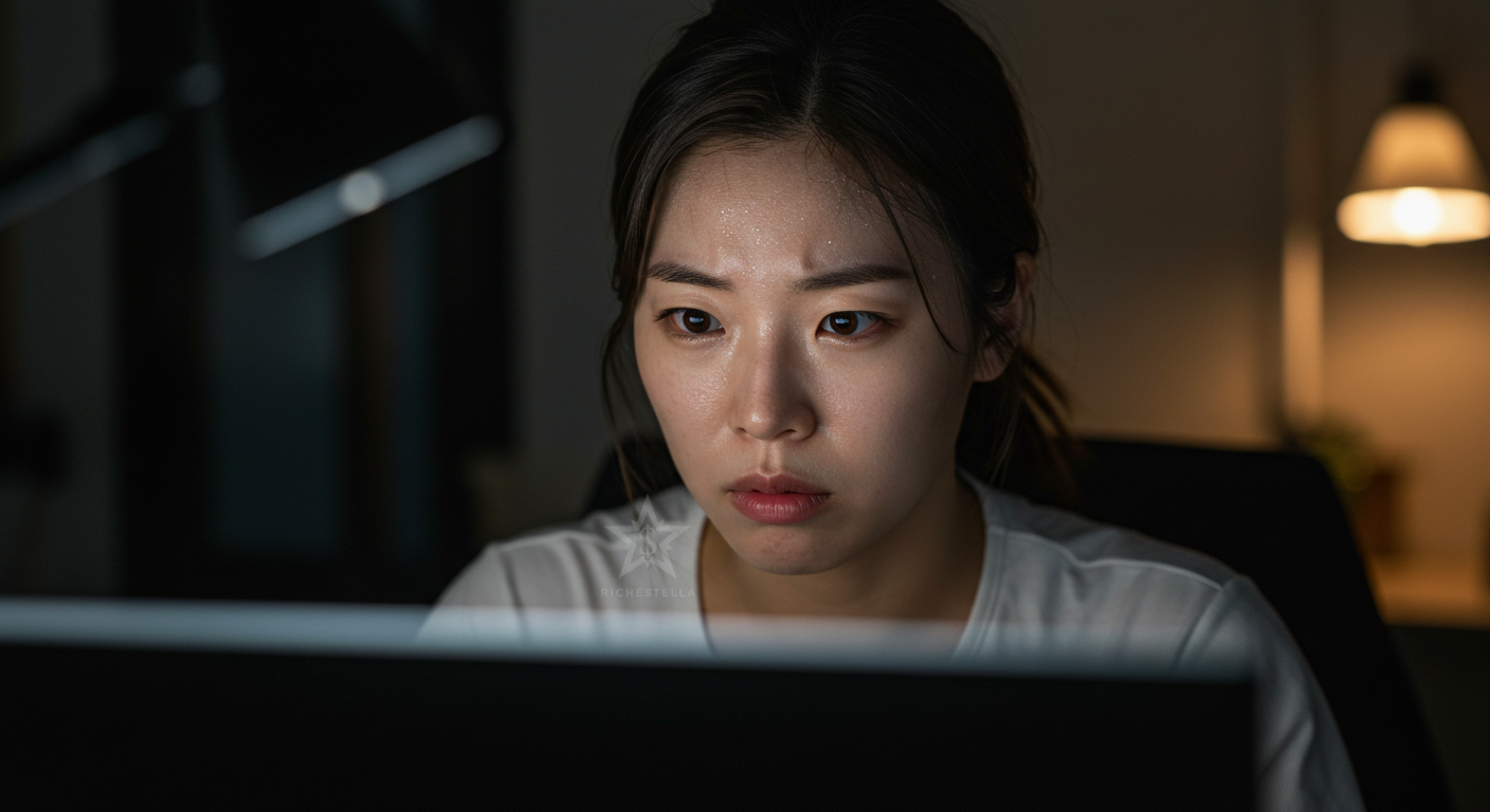 긴장한 표정으로 컴퓨터 앞에서 콘서트 티켓팅을 준비하는 모습