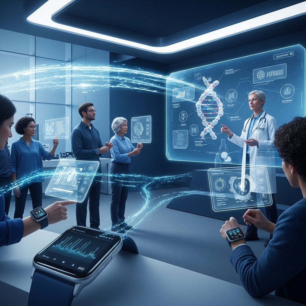미래형 병원 또는 연구실에서 다양한 사람들이 개인 맞춤형 건강 데이터를 확인하고, 의사 또는 연구원이 DNA와 건강 지표를 보여주는 홀로그램 화면을 설명하는 모습. 혁신적이고 개인화된 헬스케어의 비전을 담고 있습니다.