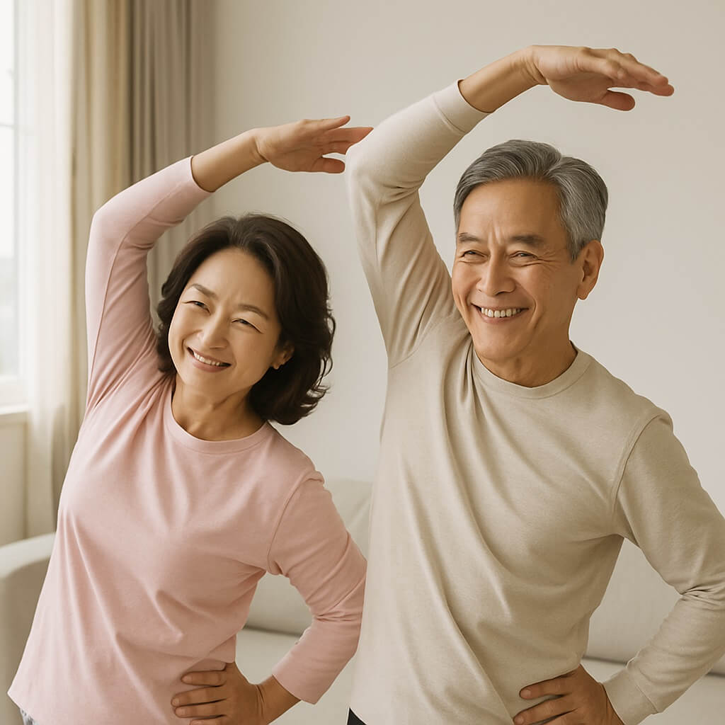 50대 이상의 중년 부부가 밝은 거실에서 함께 사이드 스트레칭을 하며 환하게 웃고 있는 모습