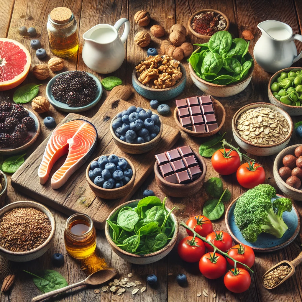 타임지 선정 10대 수퍼푸드 이미지: 블루베리, 토마토, 브로콜리, 다크초콜렛 등