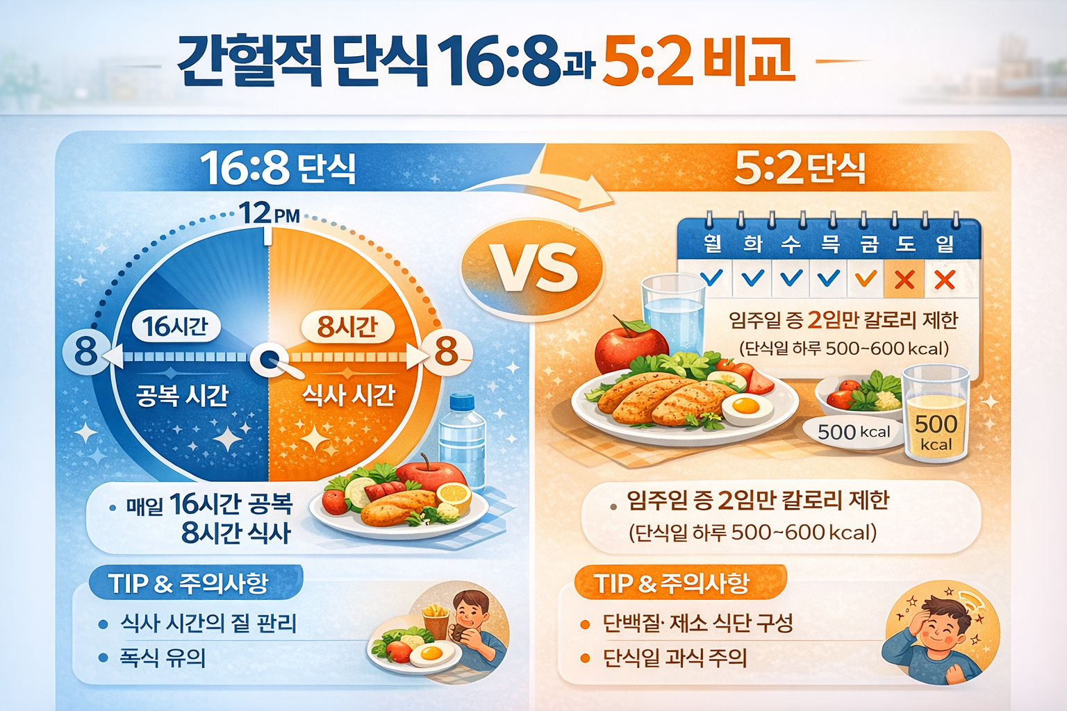간헐적 단식 16:8과 5:2를 비교한 인포그래픽으로, 16:8 단식의 하루 공복·식사 시간 구조와 5:2 단식의 주간 칼로리 제한 방식, 각 방법의 특징과 유의사항을 시각적으로 정리한 이미지