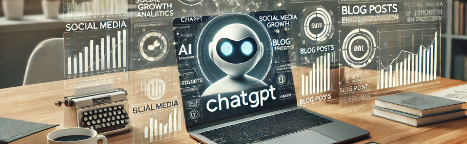 ChatGPT를 활용한 SNS 및 블로그 성장과 관련된 현대적인 디지털 워크스페이스를 표현