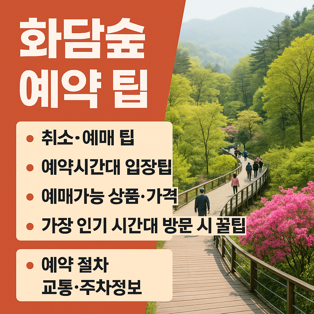 &ldquo;화담숲 예매 방법과 취소표 공략, 인기 시간대, 가격, 교통 정보를 한눈에 정리한 썸네일&rdquo;
본문 인포그래픽: 시간대 전략(오픈/정오/마감), 취소표 체크 타이밍, 모노레일 구간 요약 3분할 카드