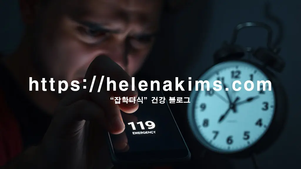 어두운 배경에 불안하고 고통스러운 표정의 남성 얼굴이 희미하게 비치고, 전경에 떨리는 손이 스마트폰 '119' 버튼을 누르기 직전 모습.