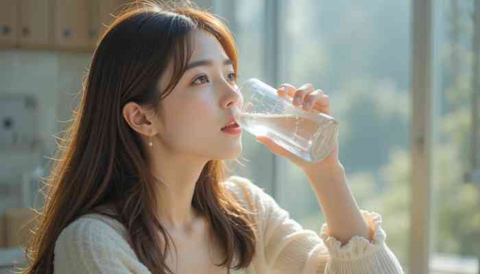 아침에 물을 마시며 하루를 시작하는 한국인 여성