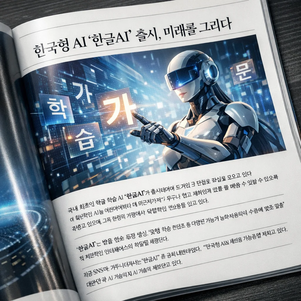 [나노바나나 이미지 생성] 무료 프롬프트 사례, AI 기반 한글 학습 기술, 기술 잡지 사진