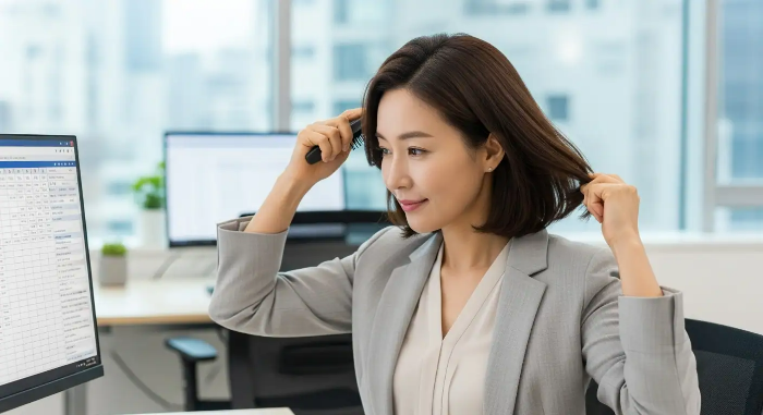 사무실 PC 모니터 잎에서 일하다 잠시 머리 빗질을 하며 휴식을 취하고 있는 여성