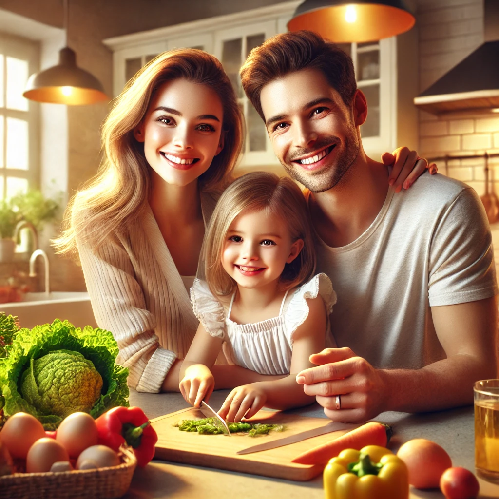 주방에서 엄마&amp;#44; 아빠&amp;#44; 아이가 함께 요리하는 하이퍼리얼리즘 장면. 가족은 신선한 재료가 놓인 조리대에서 음식을 준비하며 미소를 짓고 있으며&amp;#44; 따뜻한 조명이 밝고 행복한 분위기를 연출