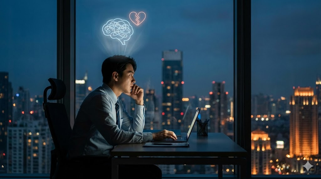 푸른 새벽녘 사무실 창가에 서서 도시 불빛을 바라보는 직장인의 뒷모습과 따뜻한 심리 상담 아이콘