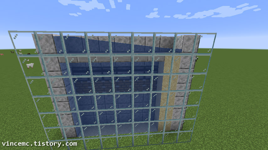 반블록을 관측기 윗 블록의 윗부분에 설치하고 그 위로 맨 왼쪽 칸에 물을 부어 물이 오른쪽으로 흘러갈 수 있게 세팅한 모습