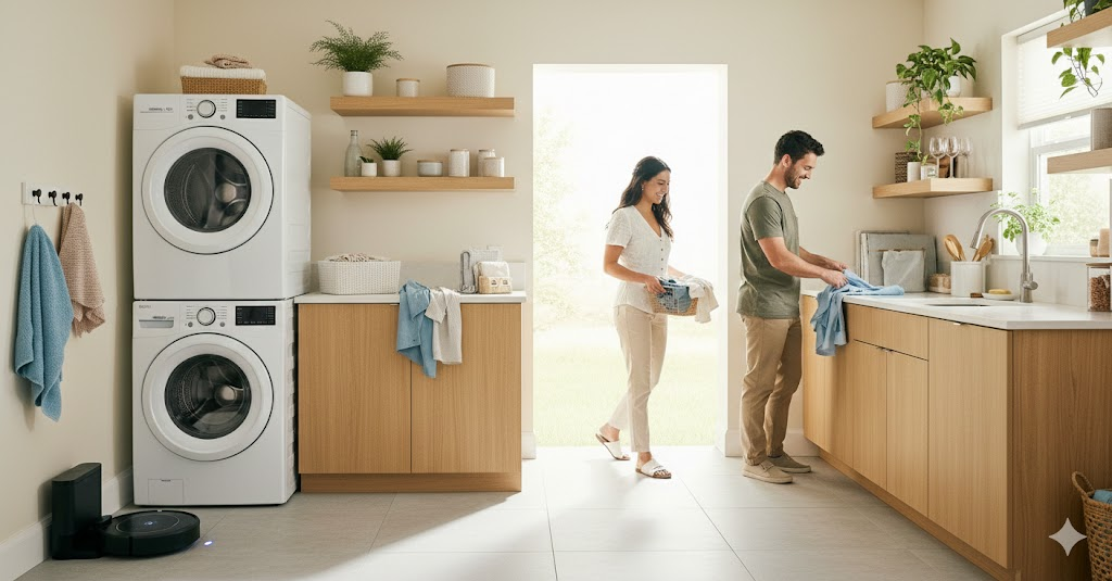 세탁기와 건조기 그리고 로봇 청소기를 배치한 신혼 집 구조