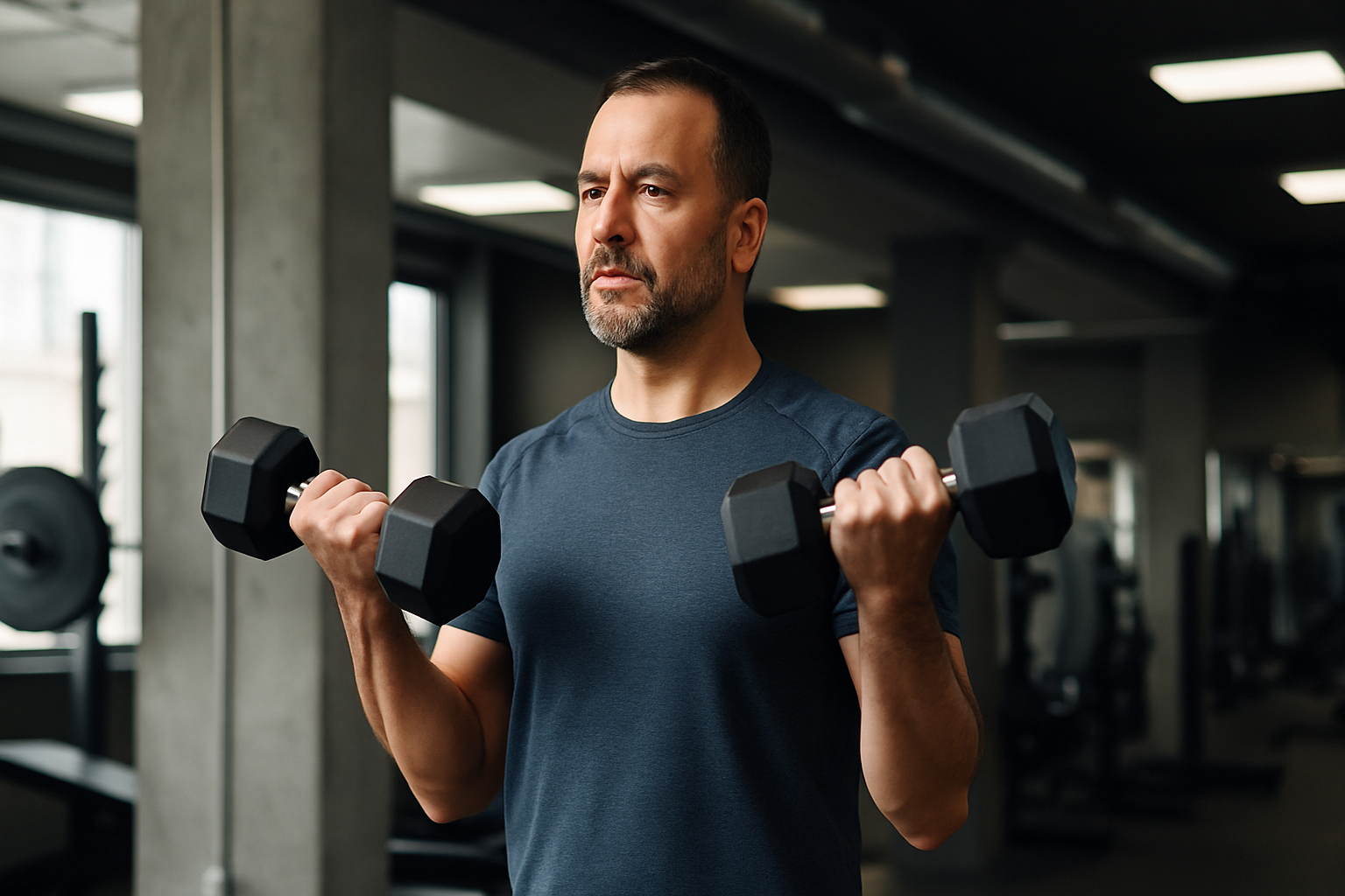 40대 남성이 헬스장에서 양손에 덤벨을 들고 운동하는 모습