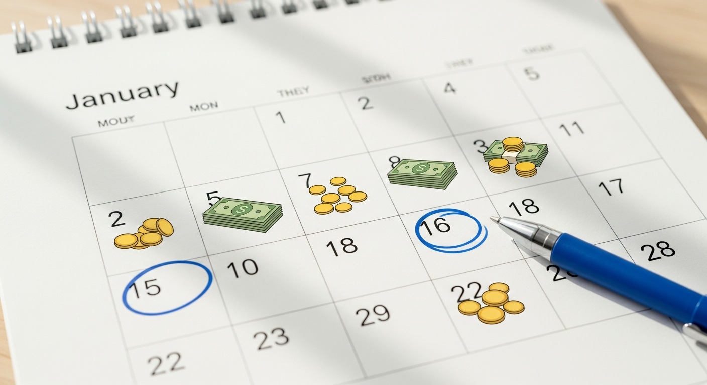 탁상 달력의 여러 날짜에 파란 펜으로 동그라미가 쳐져 있고 지폐 아이콘이 그려져 있어 매달 꾸준한 연금 수입을 시각적으로 표현한 모습