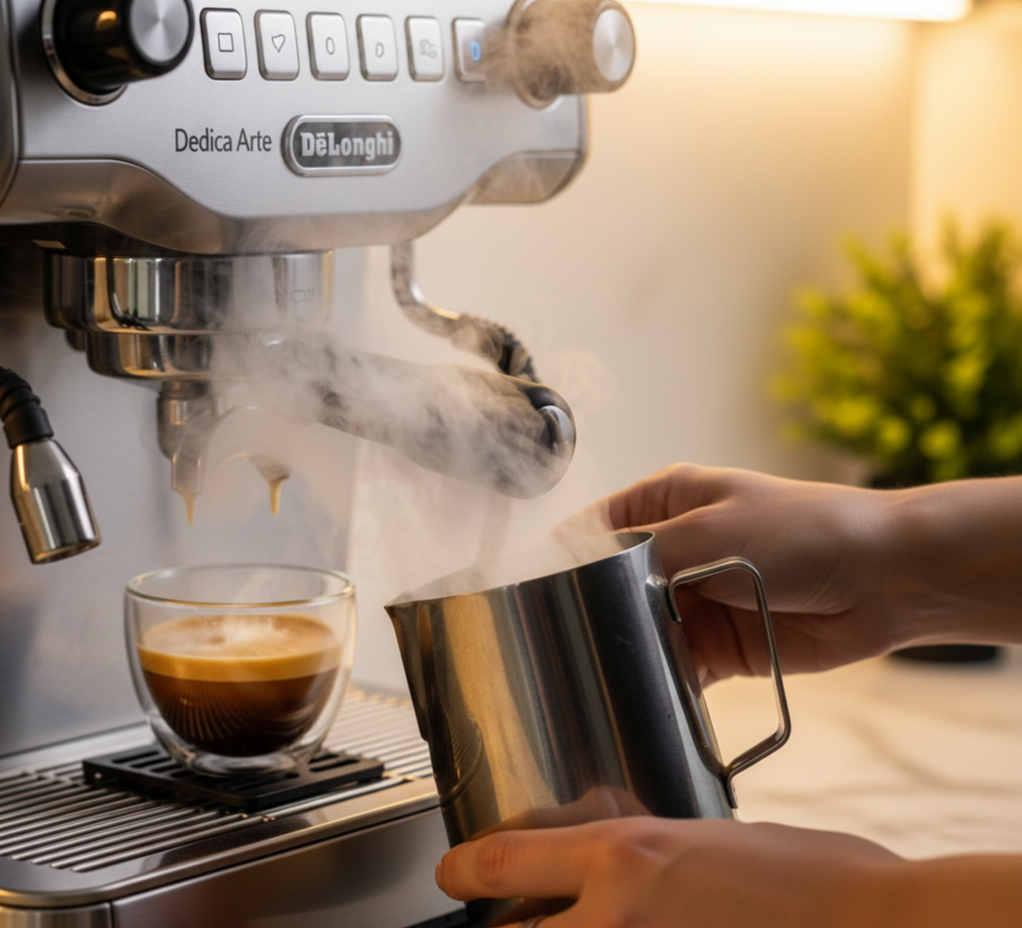 드롱기 가정용 반자동 커피머신으로 에스프레소를 추출하는 장면