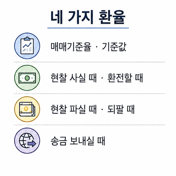 네 가지 환율 구분, 매매기준율과 현찰 사실 때, 현찰 파실 때, 송금 환율의 쓰임을 정리한 목록