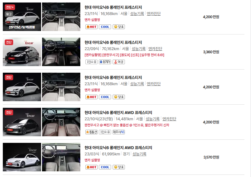 현대 아이오닉6 중고차 가격 시세표 유지비