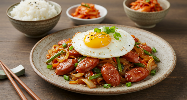 완성된 소세지 야채볶음 플레이팅