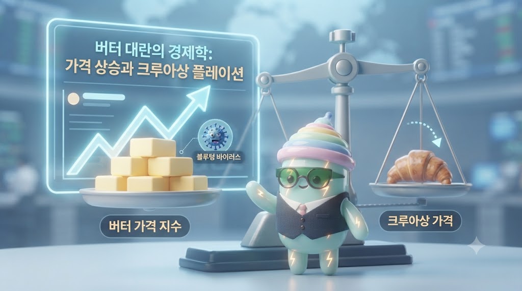 D 쫀쿠가 '글로벌 낙농 경제학 연구소'에서 심각한 표정으로 거대한 버터 저울을 바라보고 있습니다. 저울의 한쪽에는 '유럽 버터 가격' 그래프가 수직 상승하고 있고, 다른 한쪽에는 '크루아상' 모형이 올려져 있는데 버터 값이 오를수록 크루아상 크기가 작아지는 마법 같은(?) 현상이 입체적으로 연출되었습니다. 배경에는 '블루텅 바이러스' 아이콘이 보입니다.
