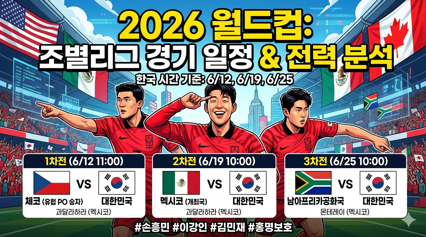 '"2026 월드컵: 조별리그 경기 일정 &amp; 전력 분석"'과 '"한국 시간 기준: 6/12, 6/19, 6/25"'라는 글자를 상단에 명확히 배치했습니다.

3대 핵심 경기 일정 시각화 (수정 완료):

왼쪽 (1차전): '1차전 (6/12 11:00)' 박스 안에 '체코 (유럽 PO 승자)' 국기와 '대한민국' 국기를 배치하고, 각각의 팀 라벨을 한글로 달았습니다.

가운데 (2차전): '2차전 (6/19 10:00)' 박스 안에 '멕시코 (개최국)' 국기와 '대한민국' 국기를 배치하고, 각각의 팀 라벨을 한글로 달았습니다.

오른쪽 (3차전): '3차전 (6/25 10:00)' 박스 안에 '남아프리카공화국' 국기와 '대한민국' 국기를 배치하고, 각각의 팀 라벨을 한글로 달았습니다.

메인 캐릭터: 손흥민, 이강인, 김민재 선수를 역동적인 벡터 일러스트로 중앙에 배치했습니다.
