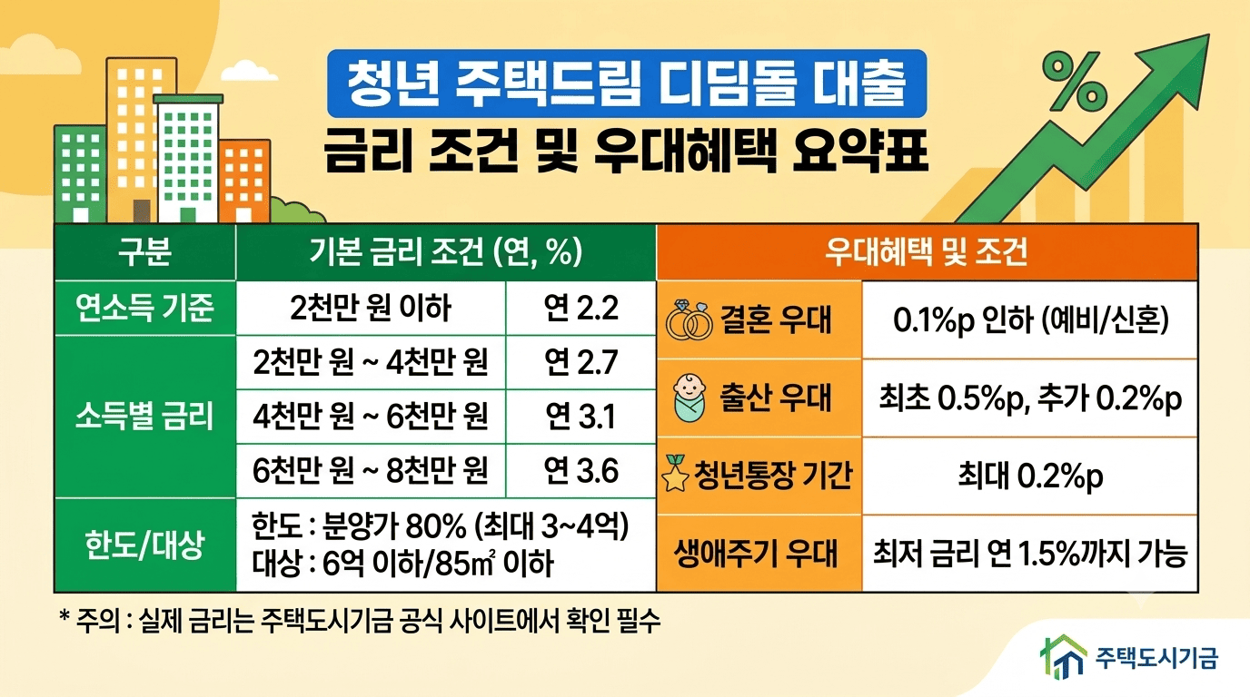 청년 주택드림 디딤돌 대출 금리 조건 및 우대혜택 요약표
