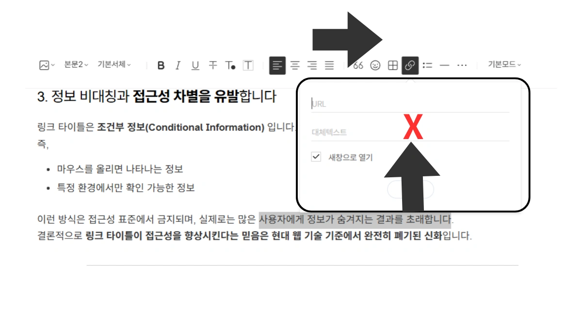 블로그 에디터에서 기존적으로 제공하는 앵커 텍스트 링크 설정화면