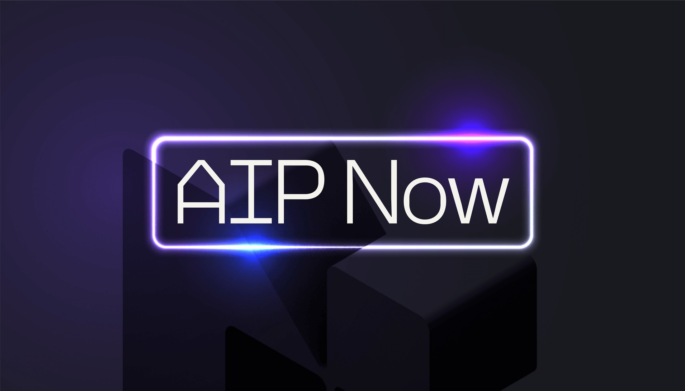Palantir(팔란티어)의 AIP Now 로고 디자인. 어두운 배경에 네온 빛의 로고가 돋보이며 기술적인 분위기를 강조함