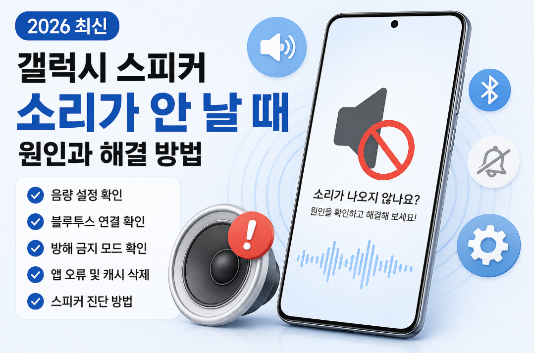 갤럭시 스피커에서 소리가 나지 않는 주요 원인과 해결 방법을 안내하는 이미지. 미디어 음량, 블루투스 연결, 방해 금지 모드, 앱 오류, 스피커 진단 등 소리가 안 나는 원인과 해결 방법을 한눈에 확인할 수 있다.