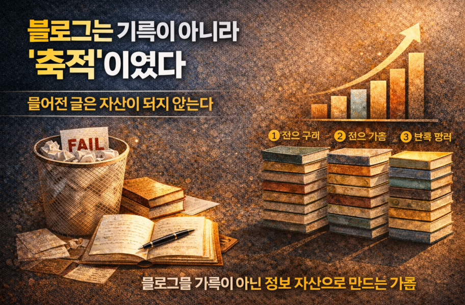 블로그 콘텐츠가 기록이 아닌 정보 자산으로 축적되는 과정을 표현한 이미지