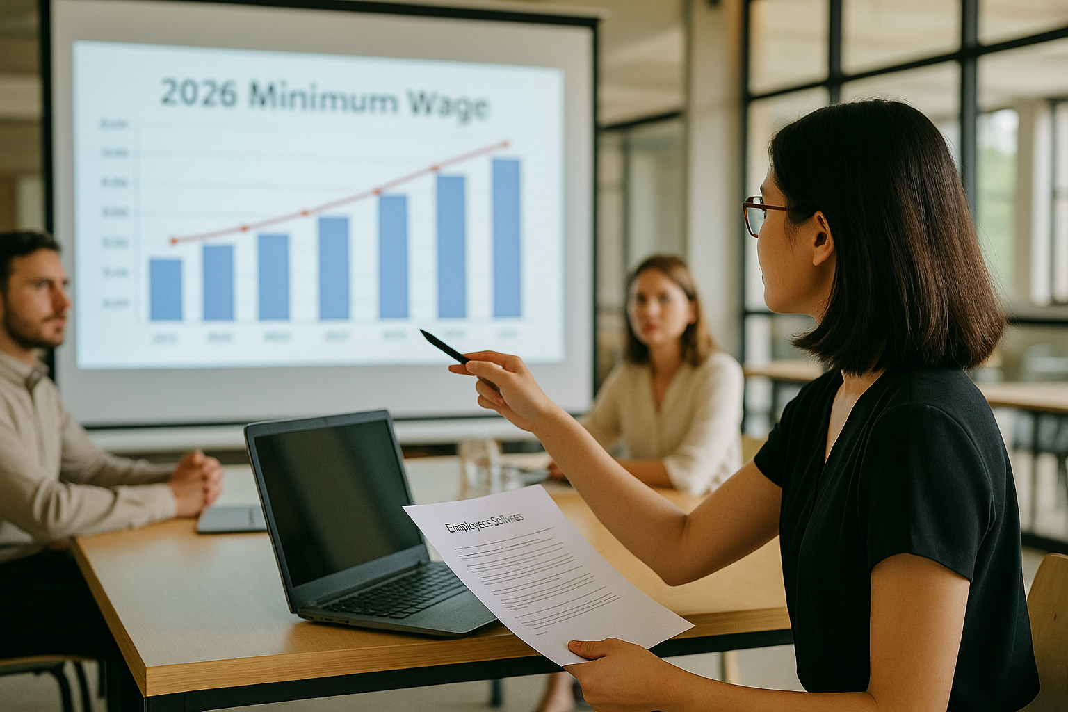 2026년 최저임금 그래프를 검토하는 캠퍼스형 회의실의 인사담당자 모습