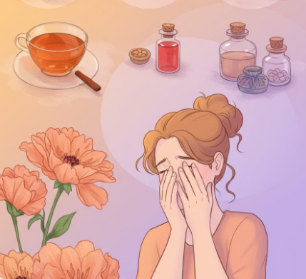 비염으로 힘들어 하는 여성이 자연요법을 사용하는 모습