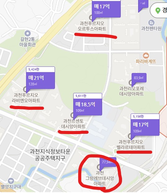 과천 그랑레브 데시앙 주변 아파트 시세, 평수가 다르나 시세 가 높은걸 알 수 있음.