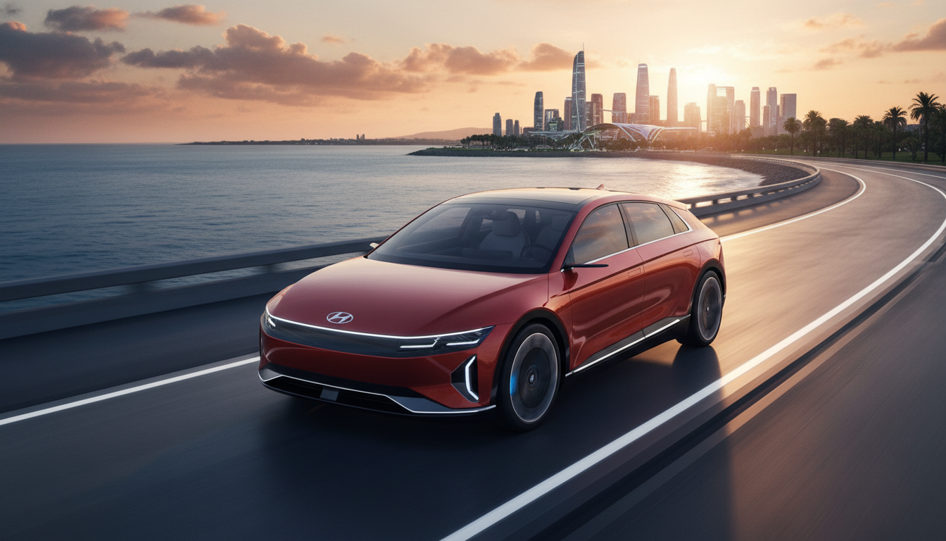 2026년형 현대 아이오닉V가 석양이 지는 해안 도로를 달리는 모습, 미래지향적 디자인과 친환경적인 에너지를 강조함.