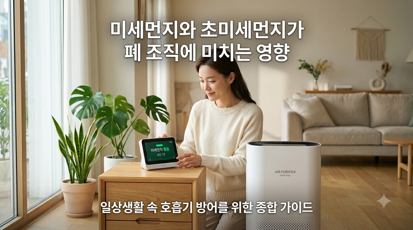 햇살이 비치는 아늑하고 깨끗한 실내에서 고성능 공기청정기와 실내 공기 질 측정기를 배경으로 호흡기 건강과 미세먼지 방어의 중요성을 차분하게 보여주는 모습. '미세먼지와 초미세먼지가 폐 조직에 미치는 영향', '일상 속 호흡기 방어 수칙 총정리'라는 문구가 적혀 있어, 초미세먼지로부터 폐를 보호하는 생활 수칙의 중요성을 시각화함.