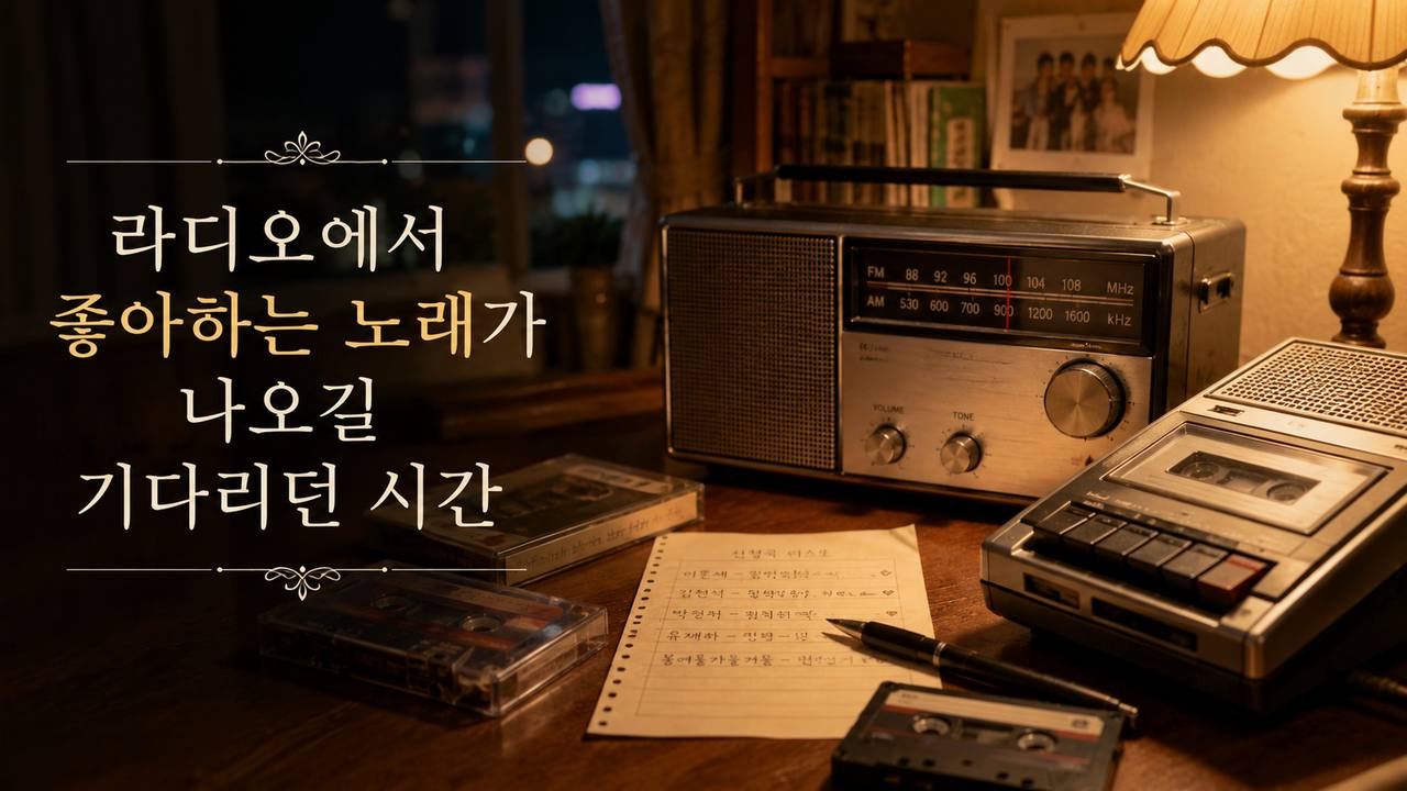 오래된 라디오와 카세트테이프를 두고 좋아하는 노래가 나오기를 기다리던 모습을 재현한 장면
