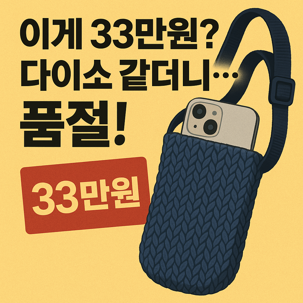 “33만 원짜리 애플×이세이미야케 협업 파우치를 실물 사진처럼 묘사한 그래픽으로, 아이폰이 꽂힌 핫핑크 니트 파우치와 비교용 저가 파우치가 나란히 배치된 썸네일 이미지. 상단에는 ‘이게 33만 원?’이라는 문구가 강조된 디자인.”