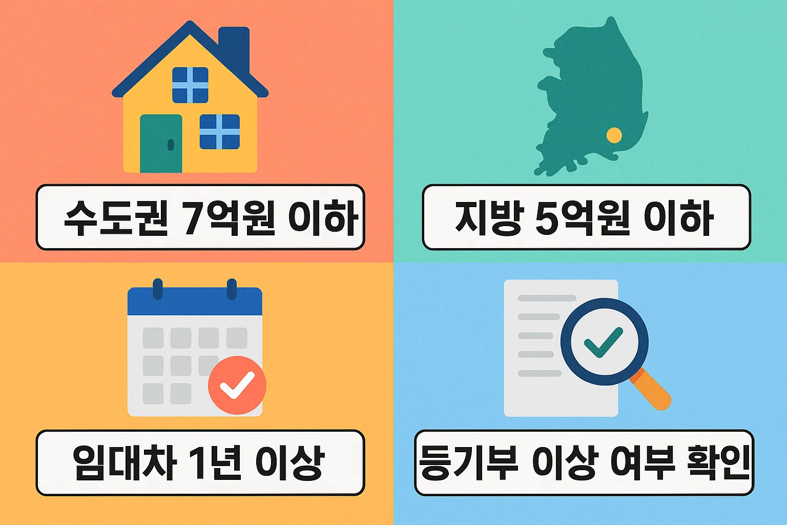허그 전세보증보험 가입을 위해 필요한 수도권&middot;지방 보증금 기준, 임대차 기간 1년 이상 요건, 등기부 등본 확인 등의 핵심 조건을 정리한 2025년 기준 기본 요약 인포그래픽 이미지