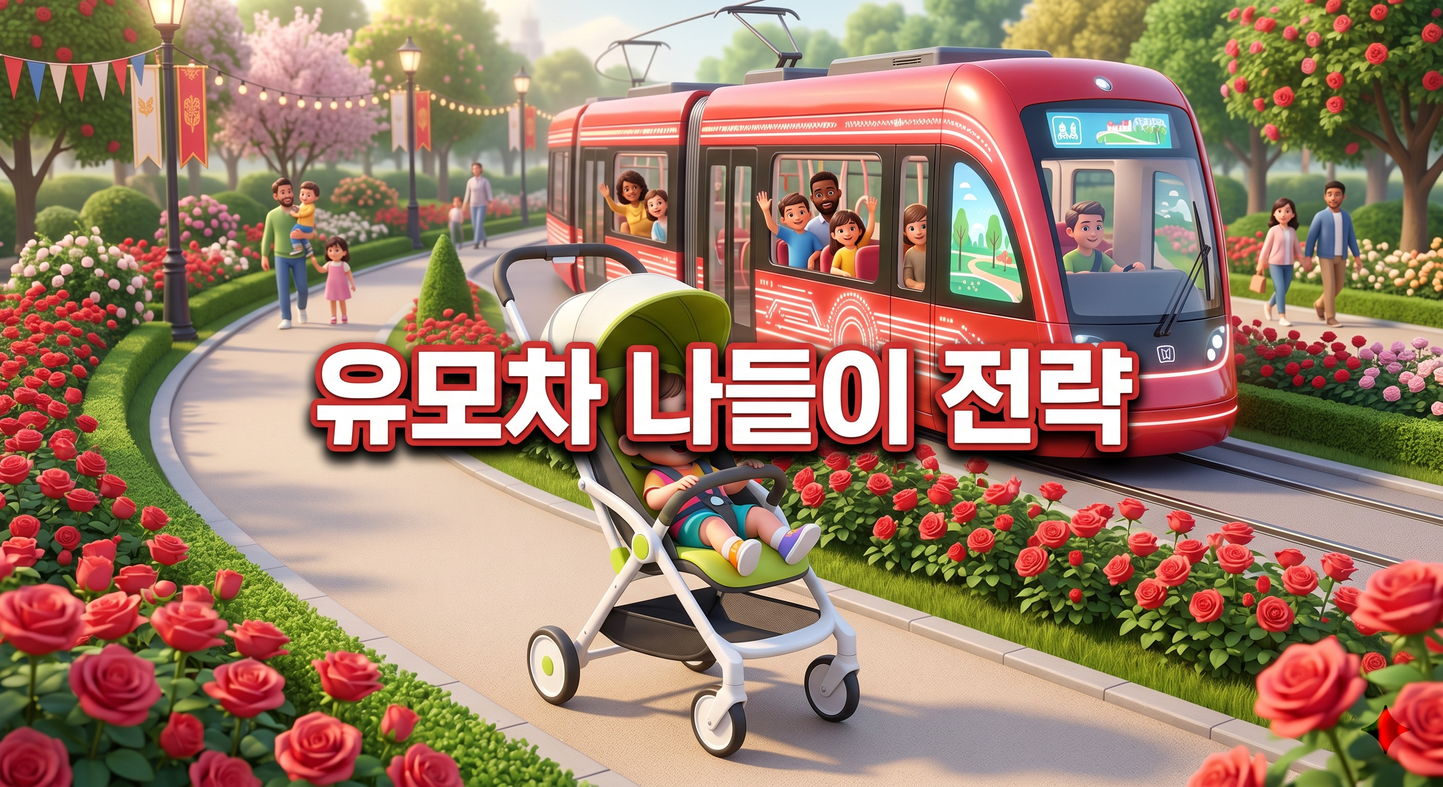 붉은 장미로 둘러싸인 아름다운 공원 길을 지나는 세련된 초경량 유모차와 밝은 붉은색 트램의 3D 일러스트 배경에, 짙은 그림자와 외곽선으로 선명하게 강조된 '유모차 나들이 전략'이라는 한글 문구가 중앙에 적힌 이미지
