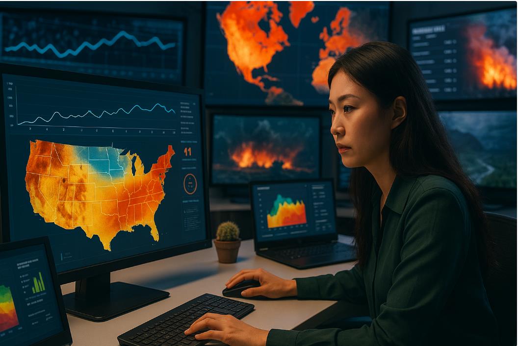 AI가 환경 데이터를 분석해 기후 변화, 폭염 발생 확률, 산불 위험 지역 등을 예측하는 장면