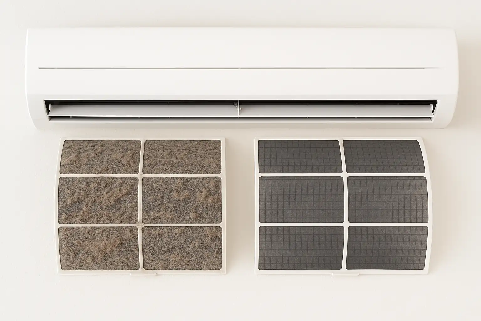 에어컨 청소 전 먼지가 가득한 필터와 청소 후 깨끗해진 필터 상태를 명확히 비교하여 실내 공기질 개선 효과를 시각적으로 보여주는 예시 이미지