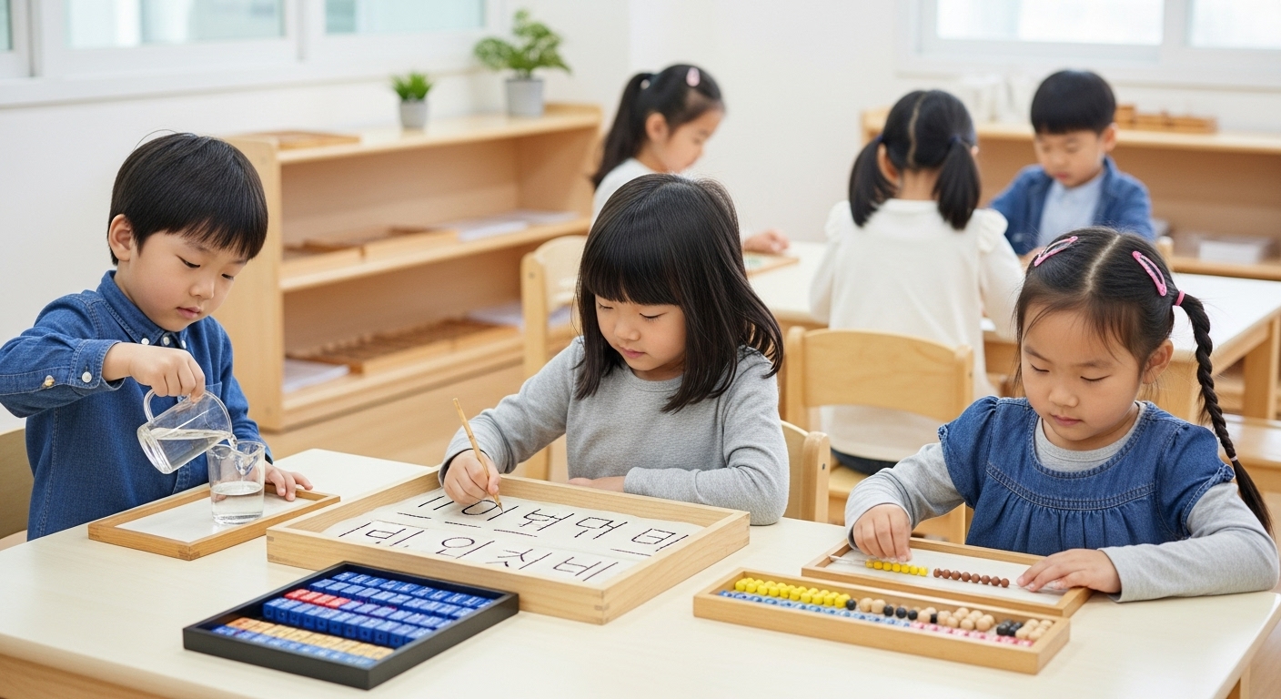 한국 몬테소리 교실에서 아이들이 각자 관심 있는 교구로 집중하며 자기 주도적으로 학습하는 모습. 미래 사회에 필요한 역량을 기릅니다.