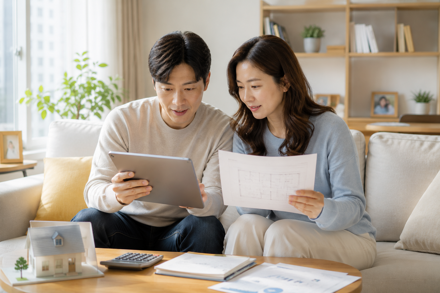 30대 후반 부부가 거실 소파에 나란히 앉아 태블릿과 서류를 함께 들여다보는 장면.
한국 아파트 인테리어, 낮 시간대, 진지하지만 설레는 표정.
생애최초 주택 구매를 준비하는 글 초반부에 배치할 이미지.