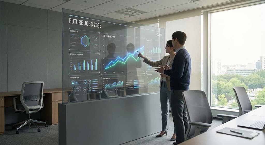 2035 미래 유망 직업 데이터를 디지털 스크린으로 분석하며 회의하는 전문가들
